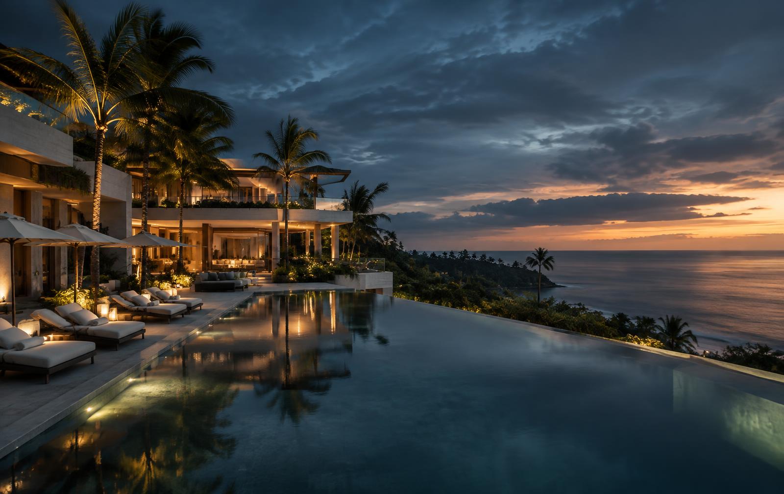 Luxury oceanfront resort at blue hour